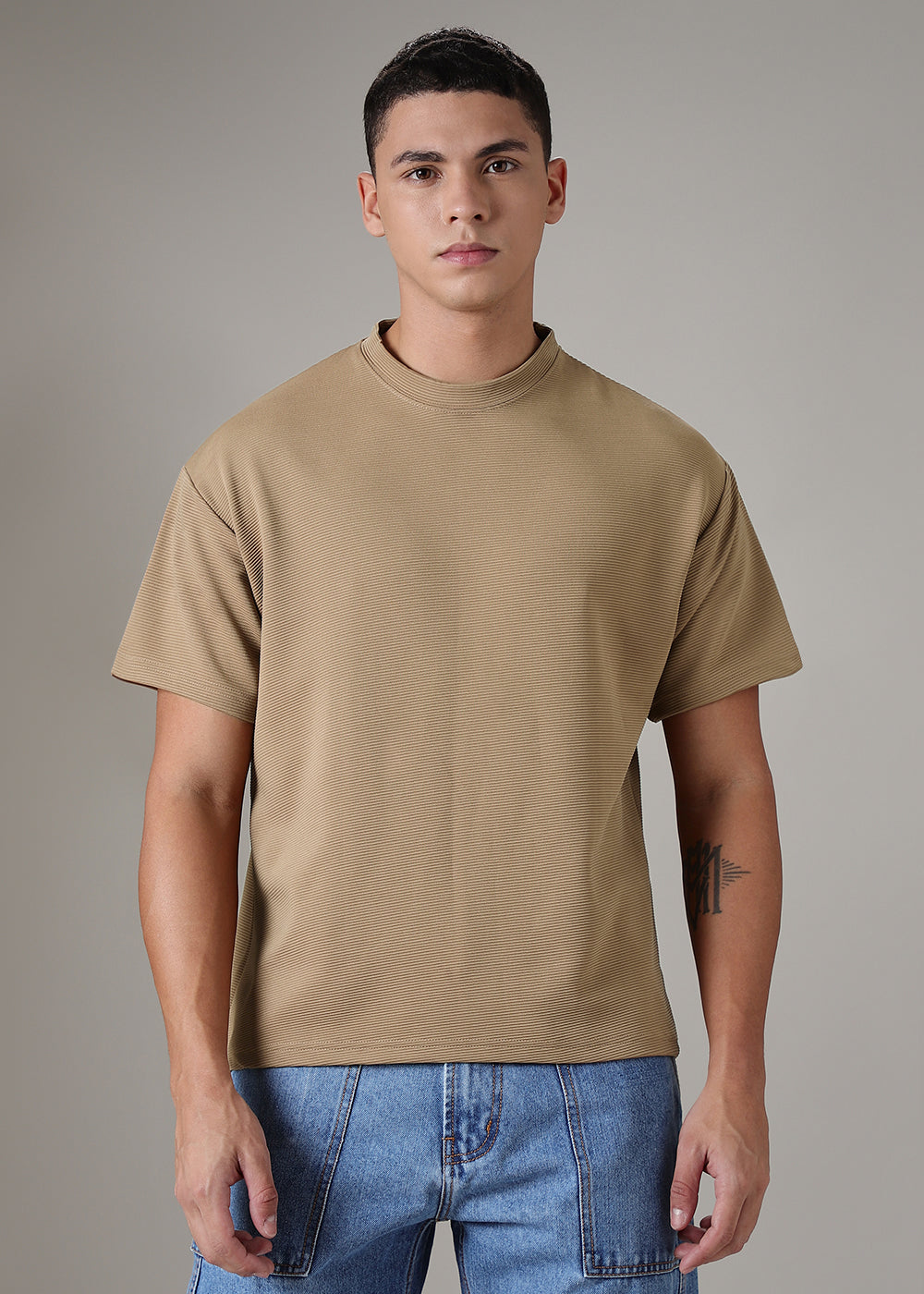 Oversized Coffee Plain Textured T-shirt