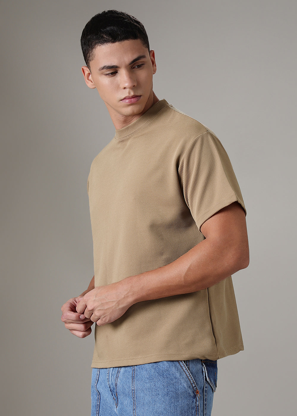 Oversized Coffee Plain Textured T-shirt