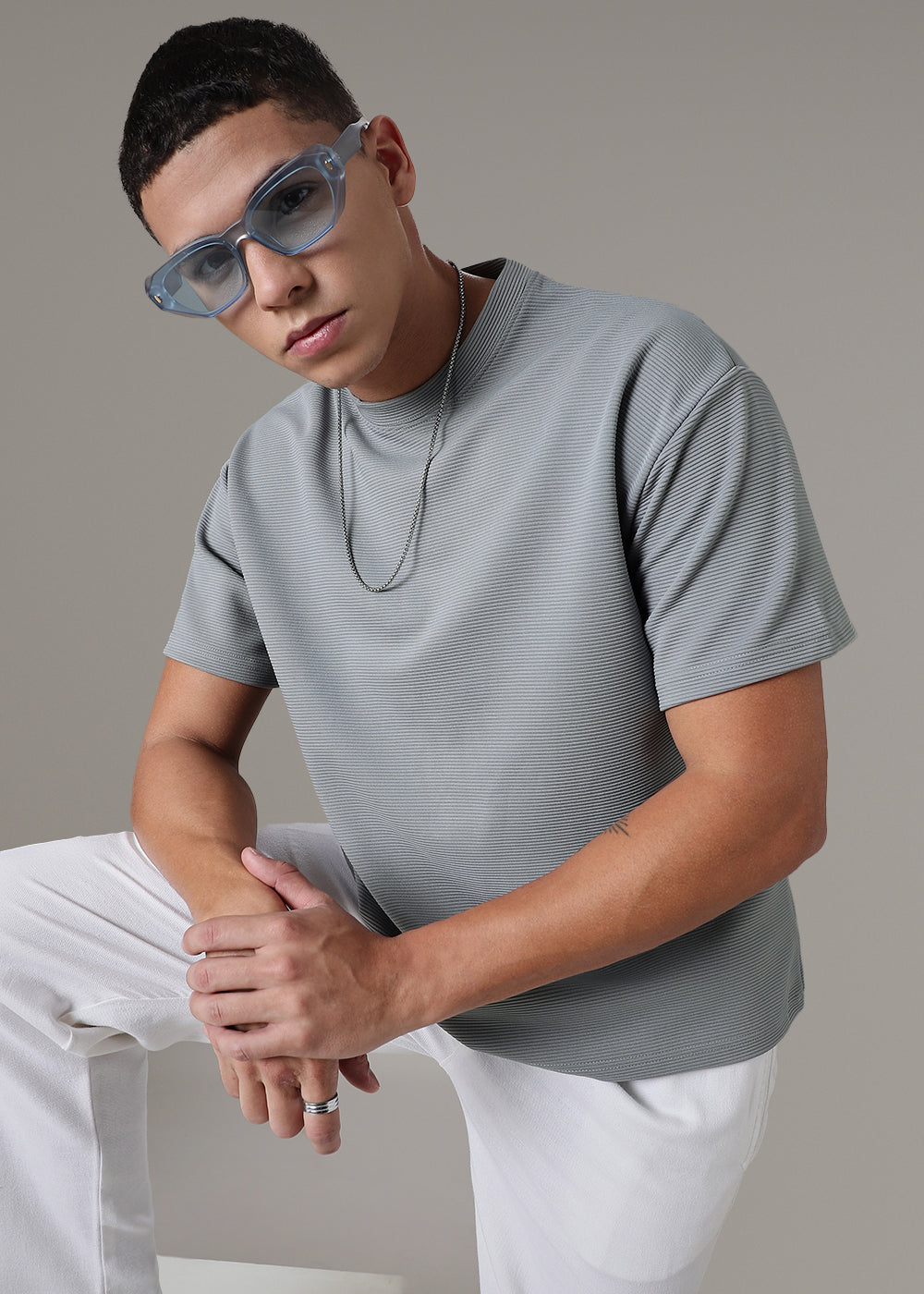 Oversized Light Grey Plain Textured T-shirt