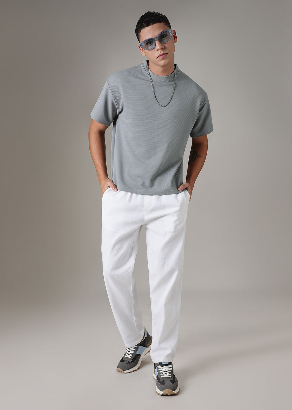 Oversized Light Grey Plain Textured T-shirt