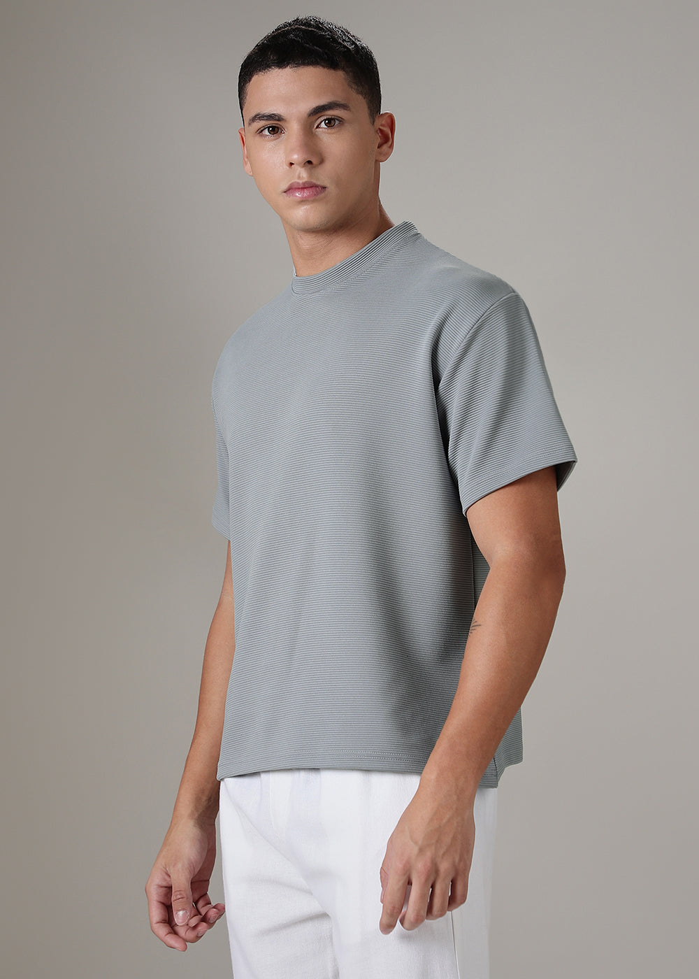 Oversized Light Grey Plain Textured T-shirt