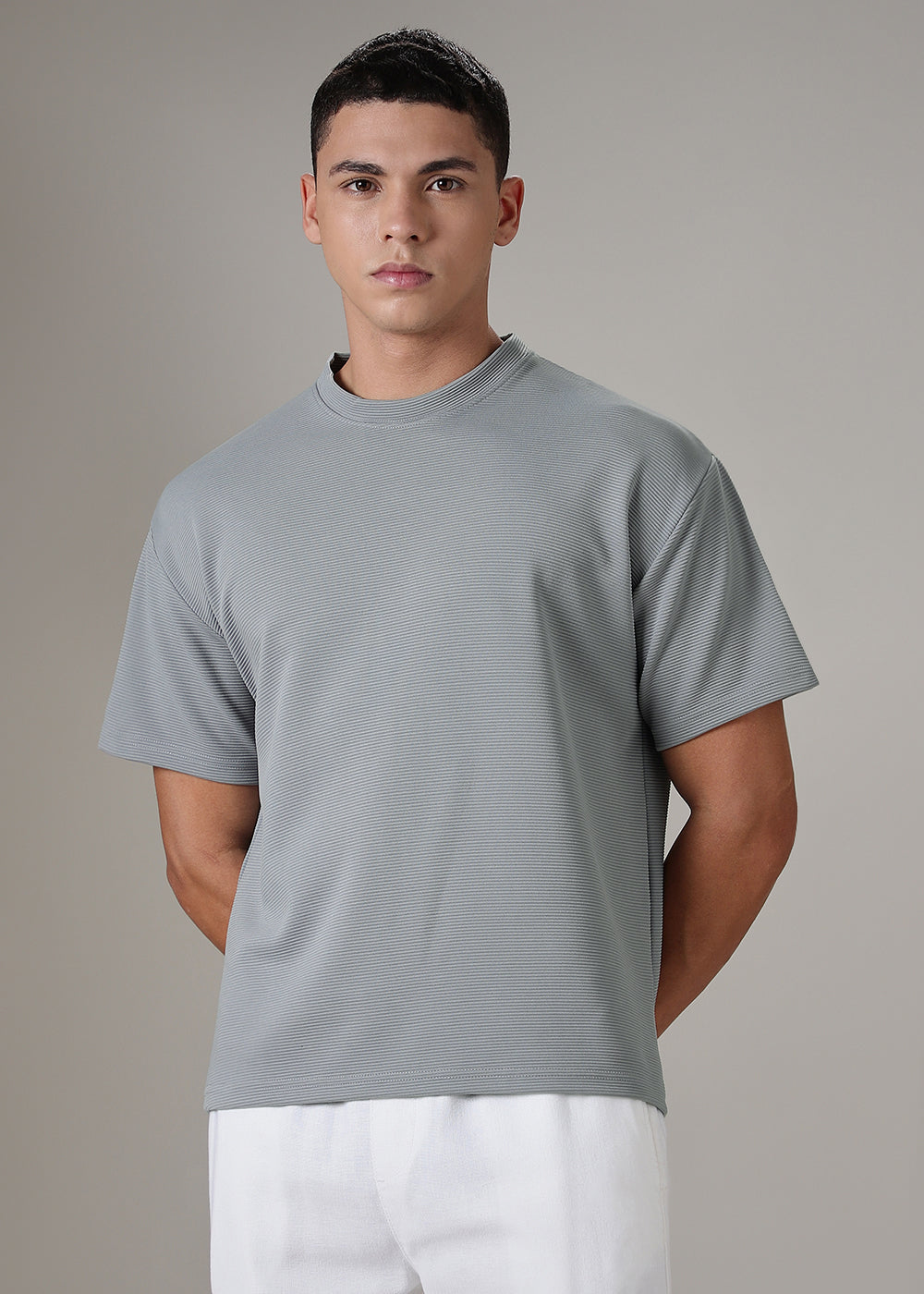 Oversized Light Grey Plain Textured T-shirt