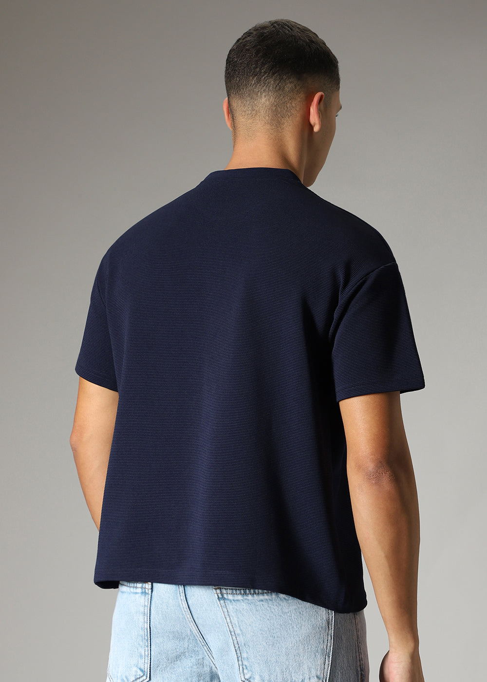 Oversized Navy Blue Plain Textured T-shirt