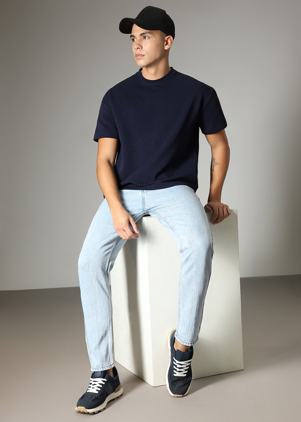 Oversized Navy Blue Plain Textured T-shirt