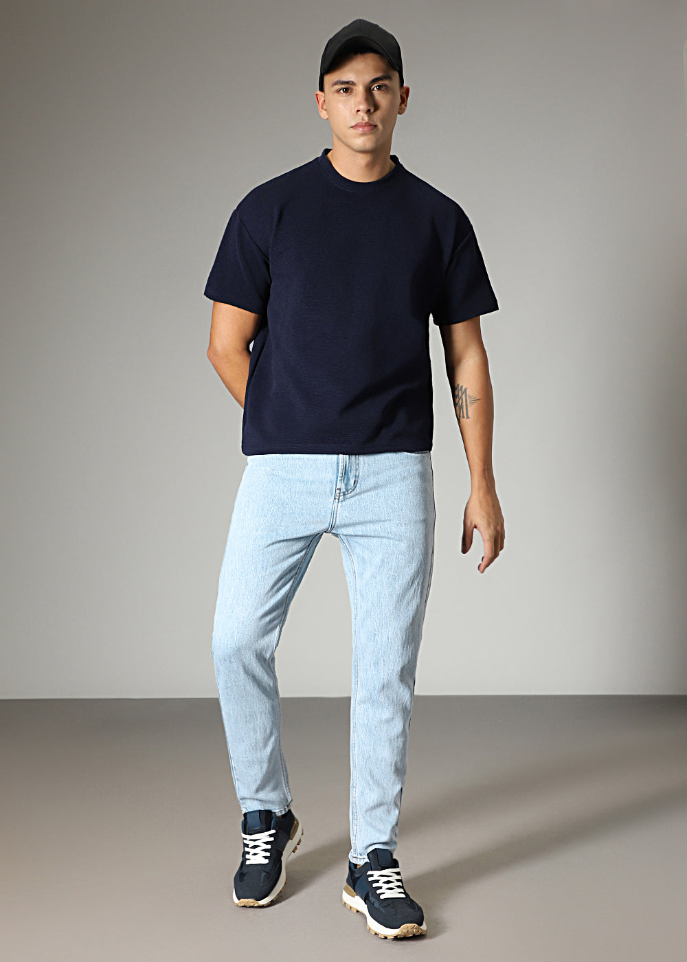 Oversized Navy Blue Plain Textured T-shirt