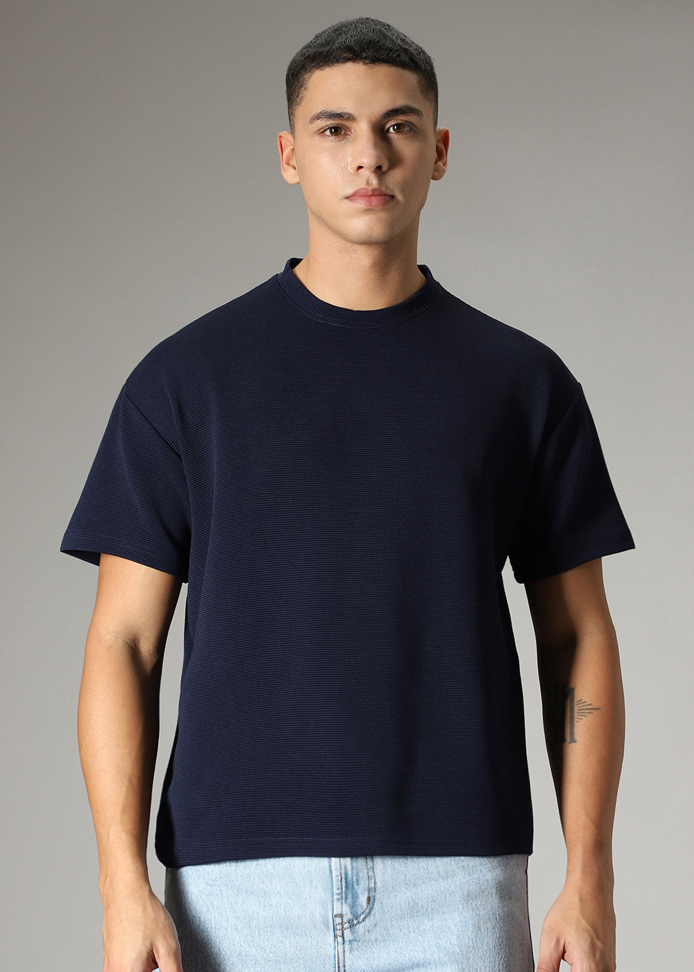 Oversized Navy Blue Plain Textured T-shirt