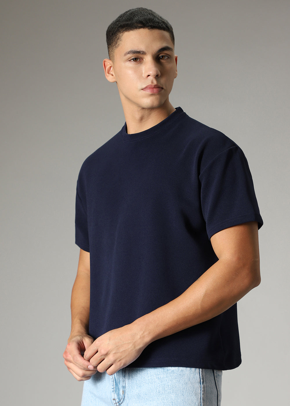 Oversized Navy Blue Plain Textured T-shirt