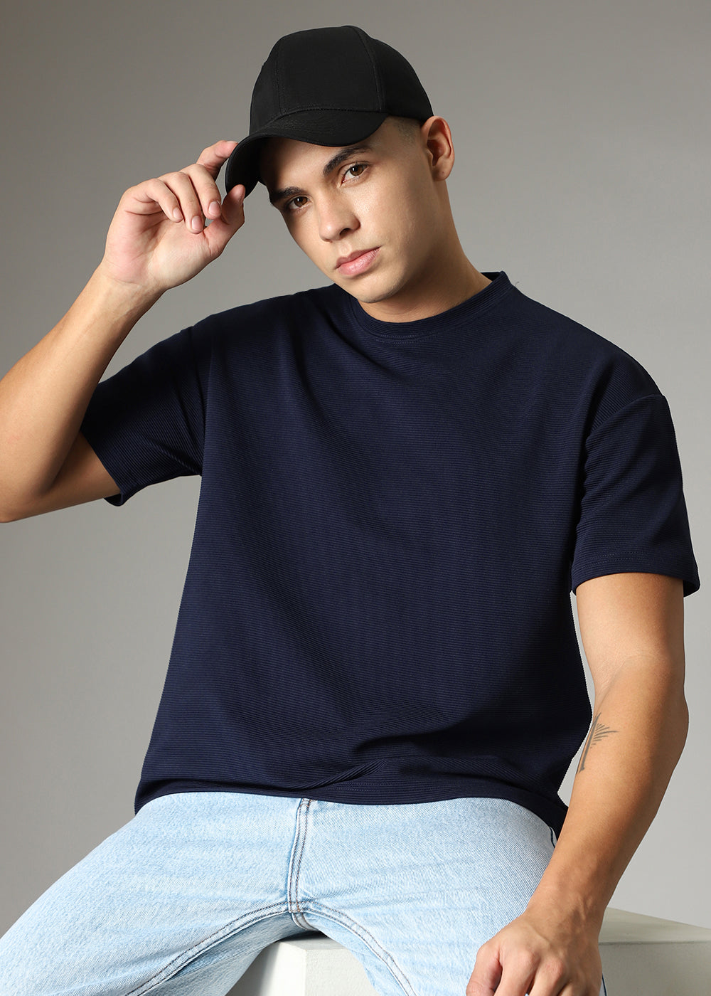 Oversized Navy Blue Plain Textured T-shirt