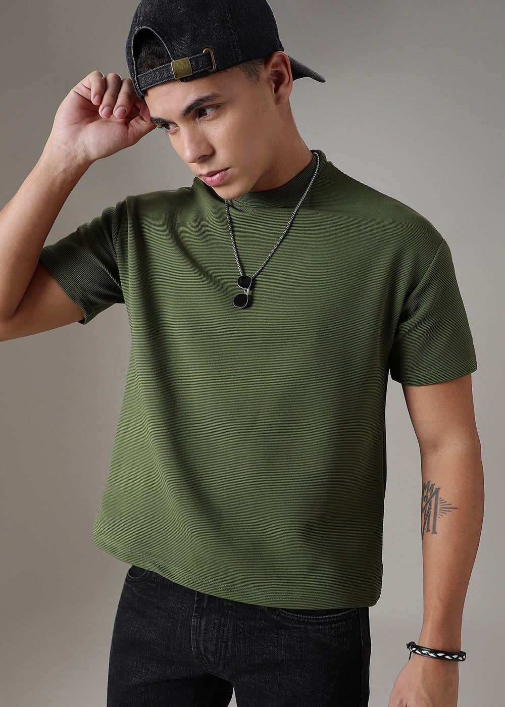 Oversized Olive Green Plain Textured T-shirt