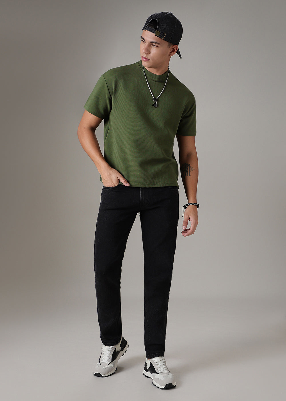 Oversized Olive Green Plain Textured T-shirt