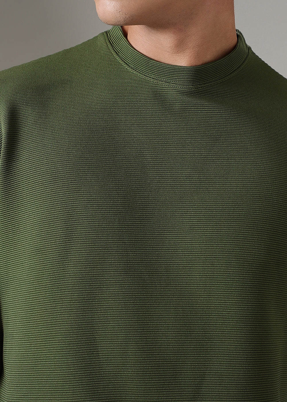 Oversized Olive Green Plain Textured T-shirt