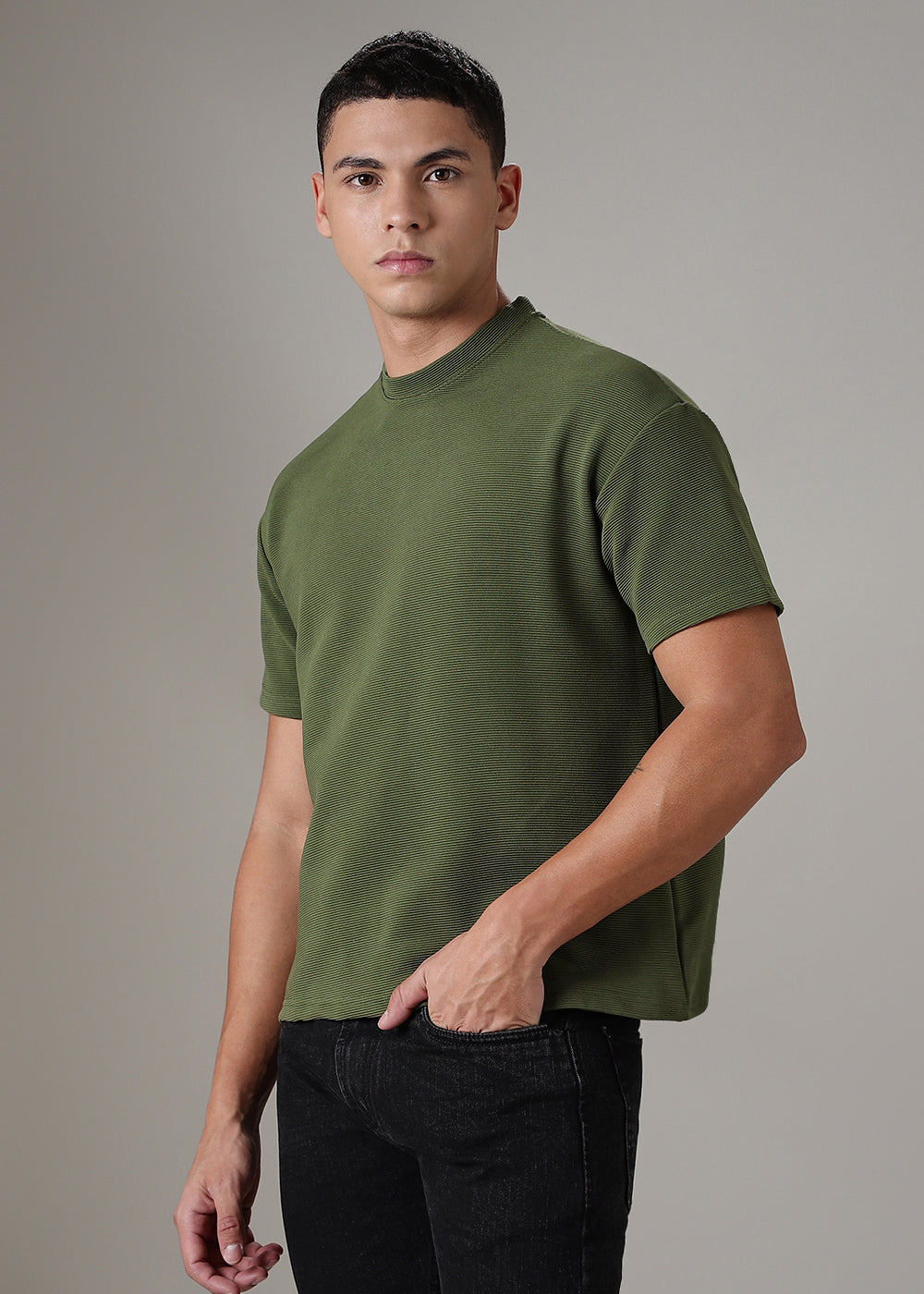 Oversized Olive Green Plain Textured T-shirt