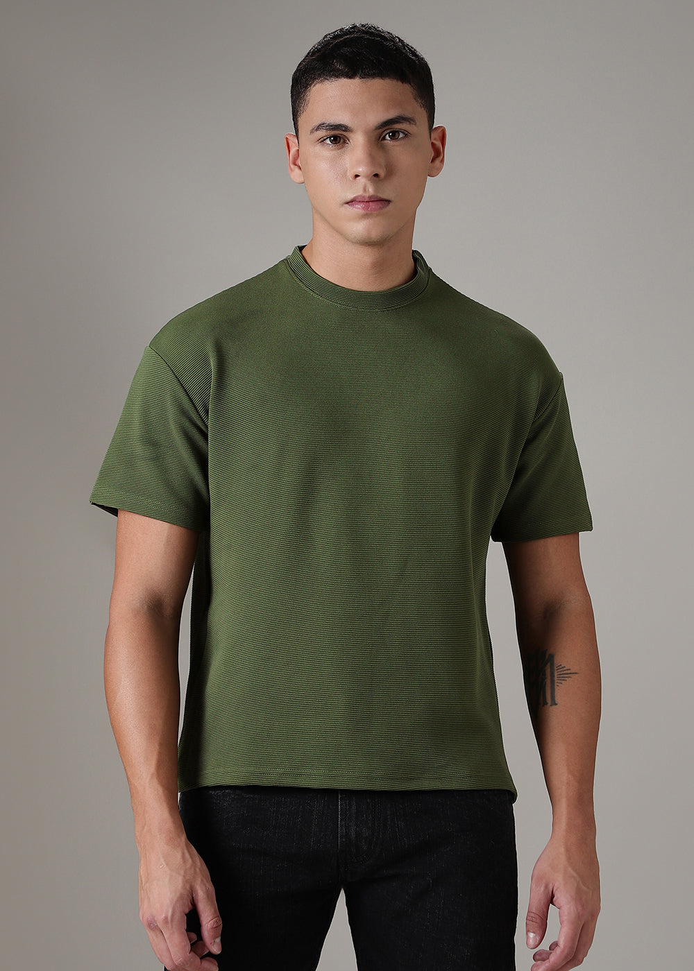 Oversized Olive Green Plain Textured T-shirt