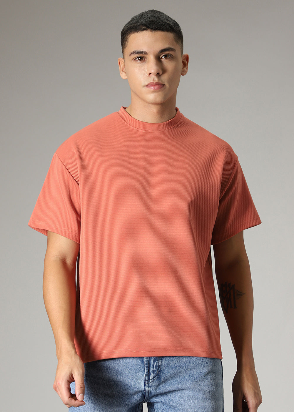 Oversized Orange Plain Textured T-shirt