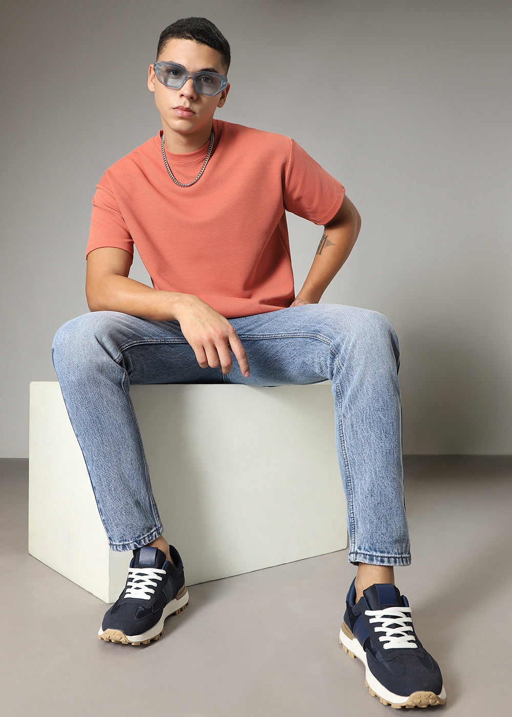 Oversized Orange Plain Textured T-shirt