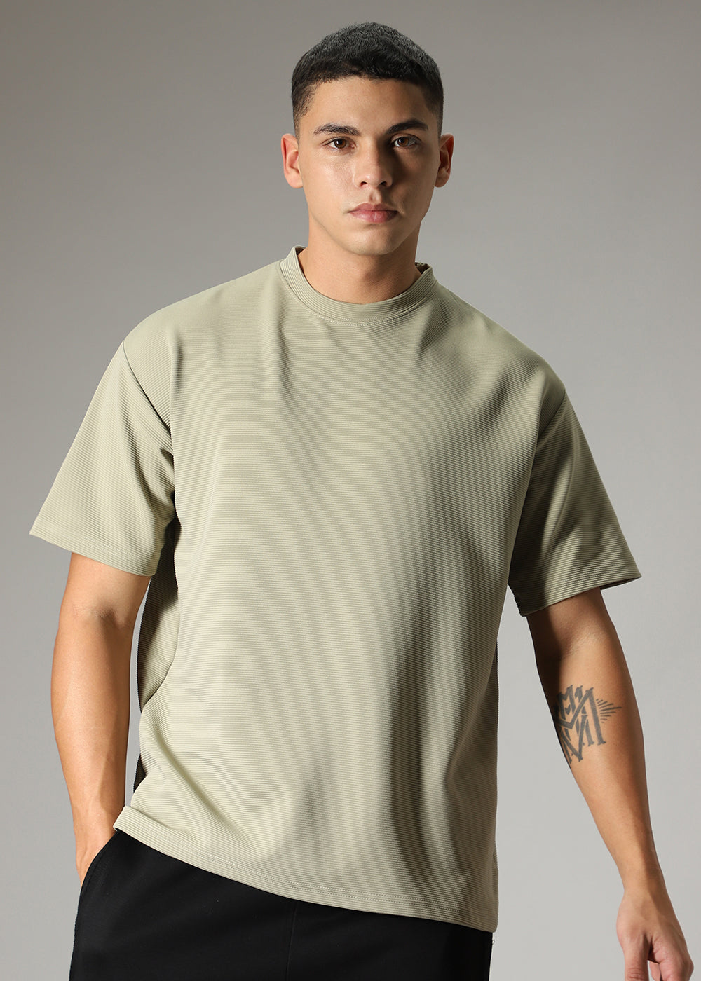 Oversized Pastel Green Plain Textured T-shirt