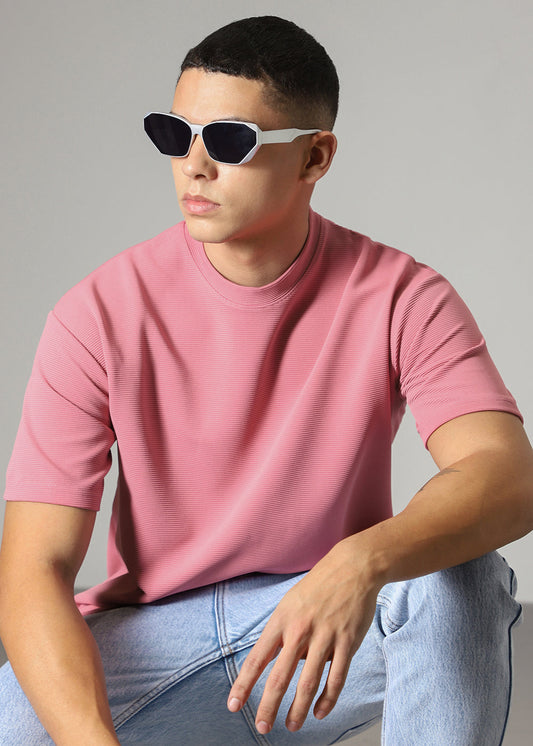 Oversized Pink Plain Textured T-shirt