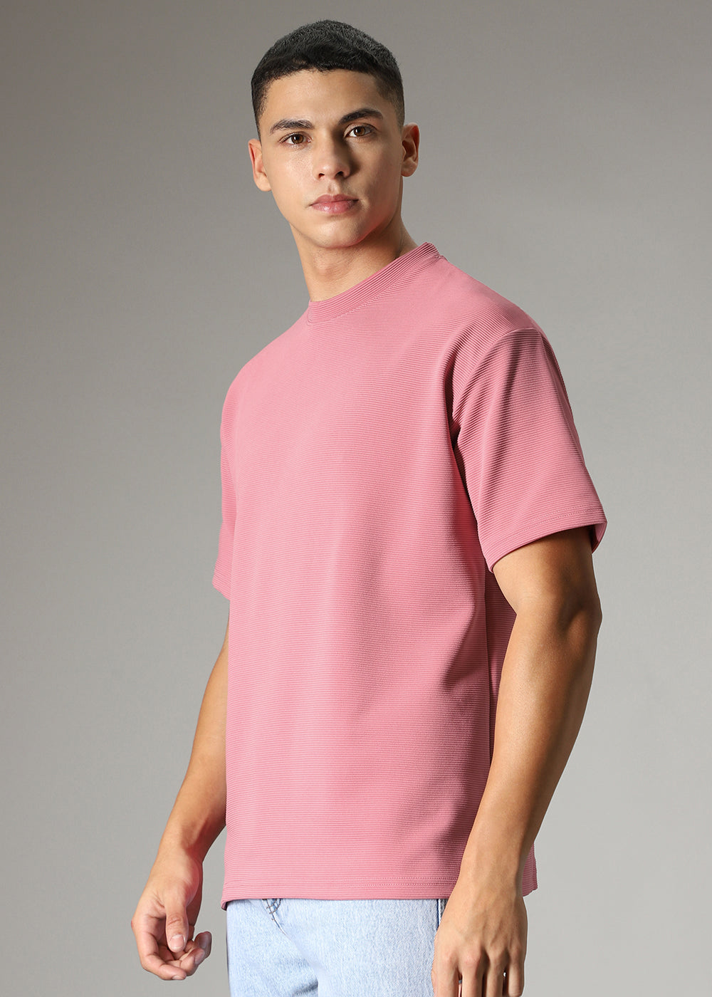 Oversized Pink Plain Textured T-shirt
