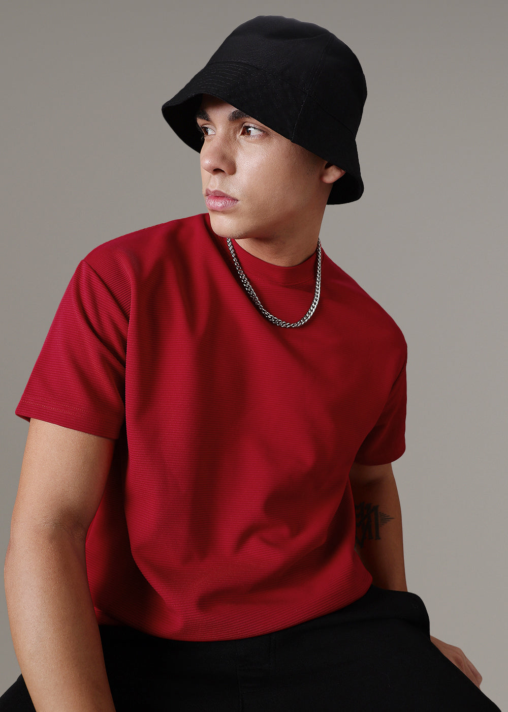 Oversized Red Plain Textured T-shirt