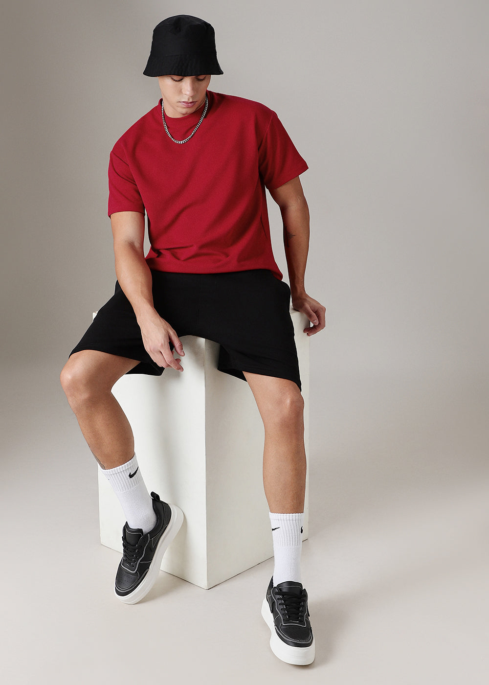 Oversized Red Plain Textured T-shirt