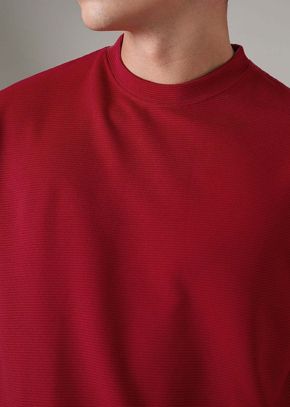 Oversized Red Plain Textured T-shirt