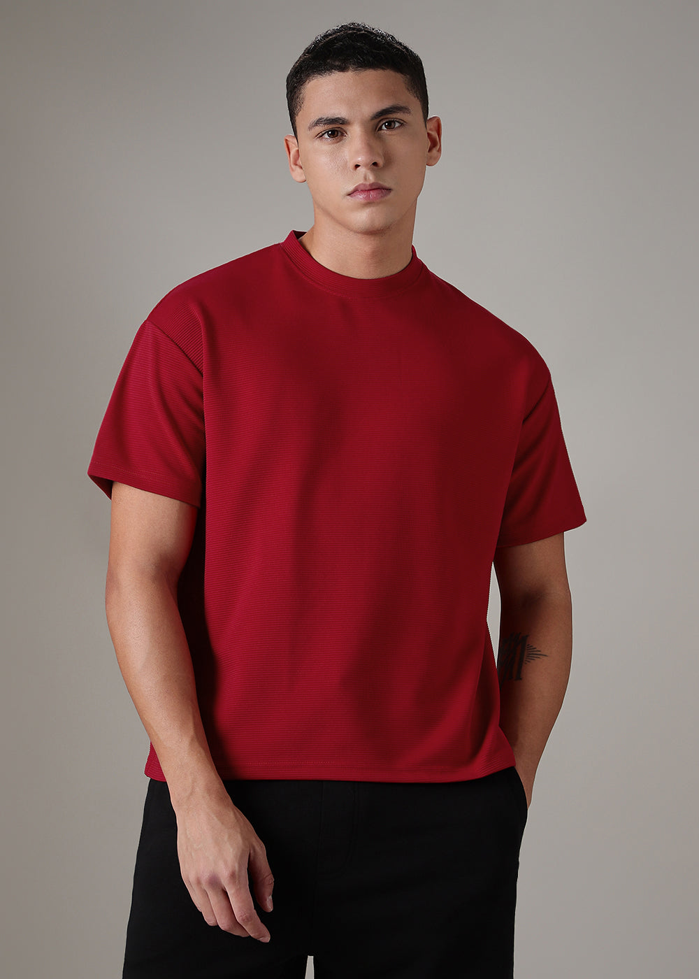 Oversized Red Plain Textured T-shirt
