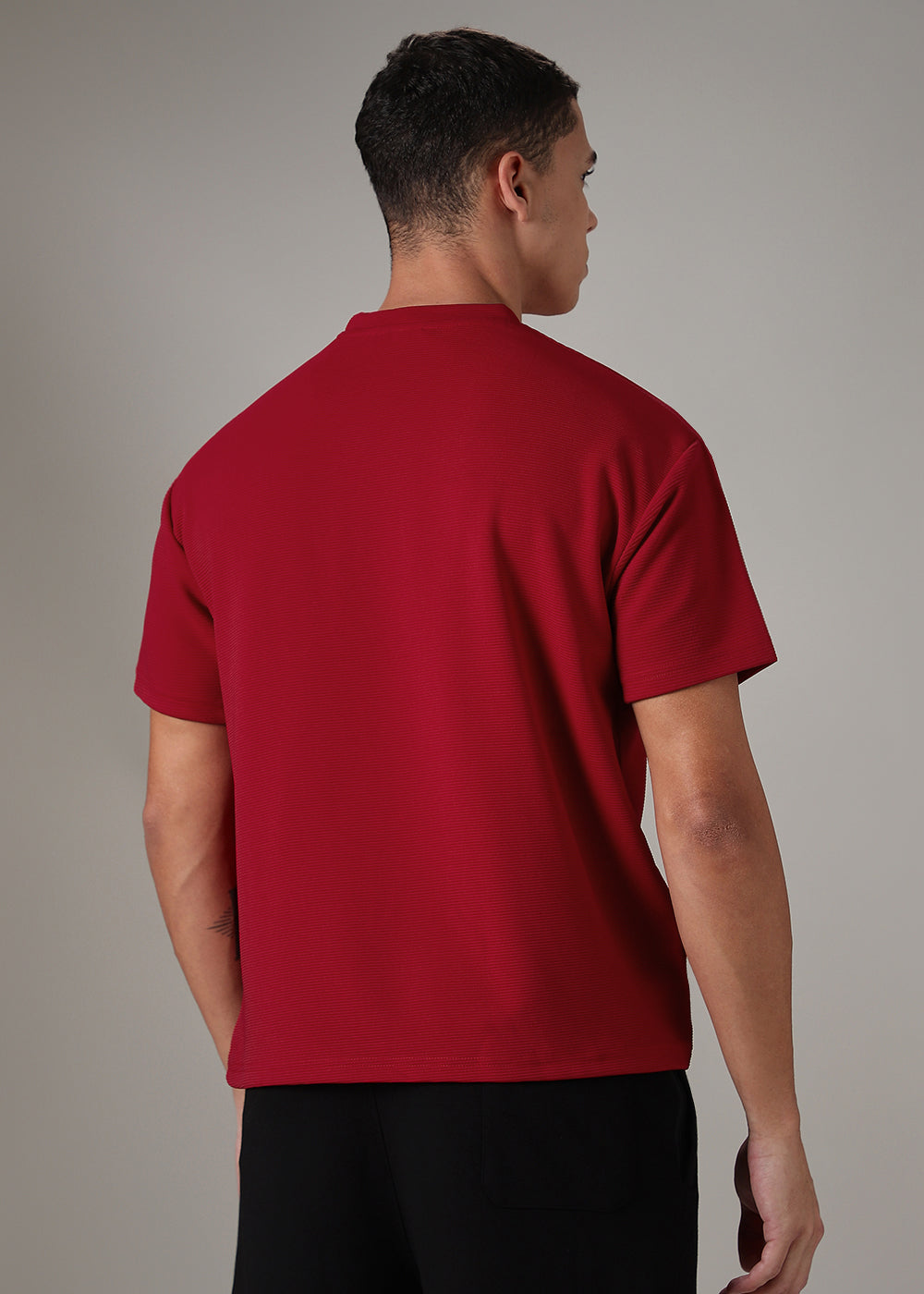 Oversized Red Plain Textured T-shirt