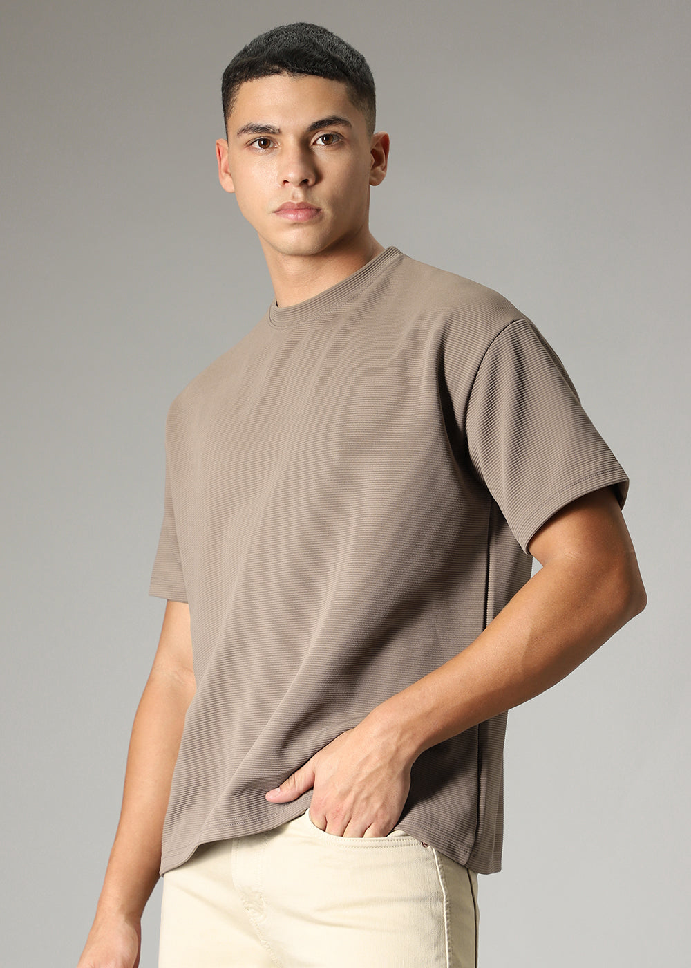 Oversized Tan Brown Plain Textured T-shirt