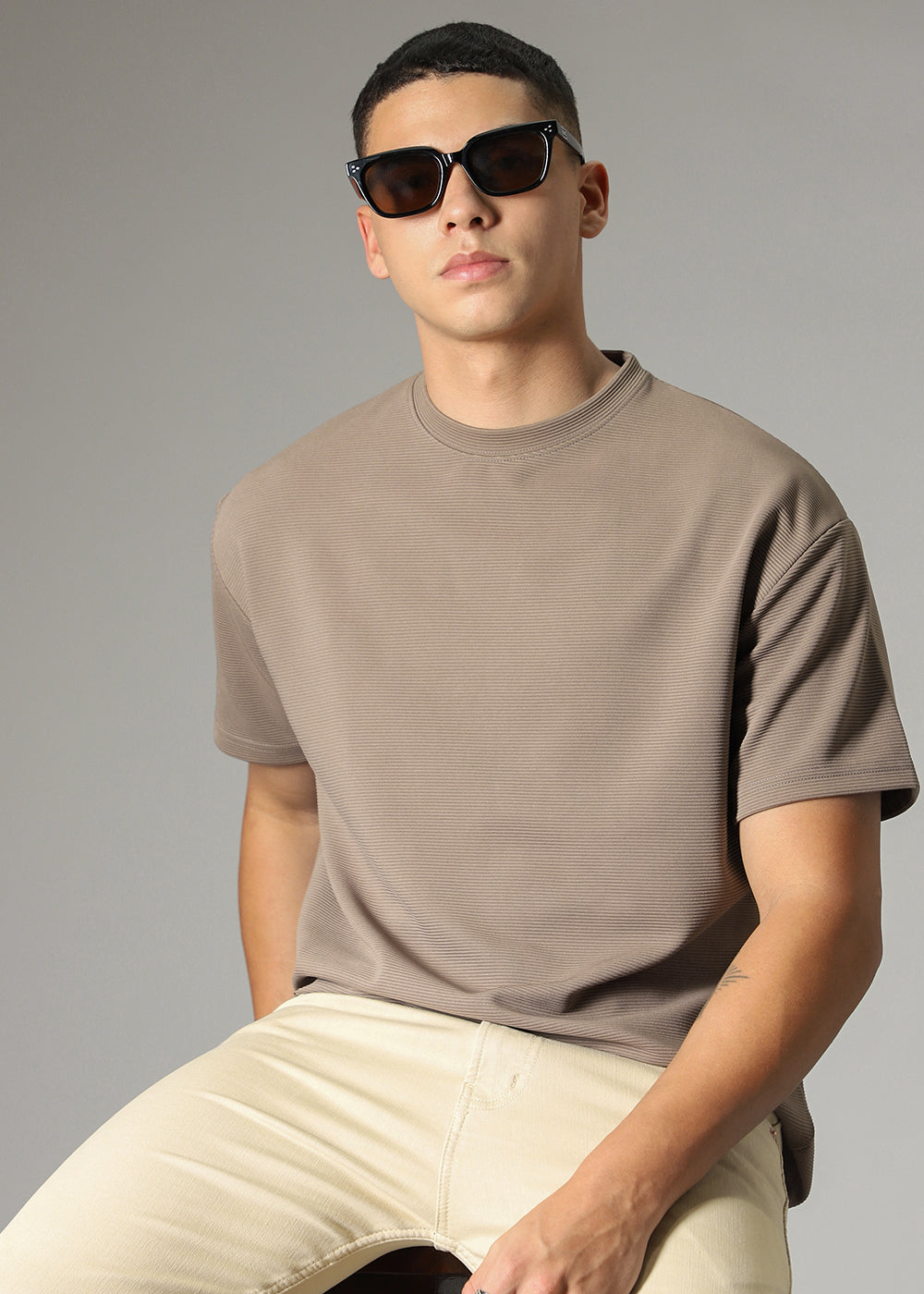 Oversized Tan Brown Plain Textured T-shirt