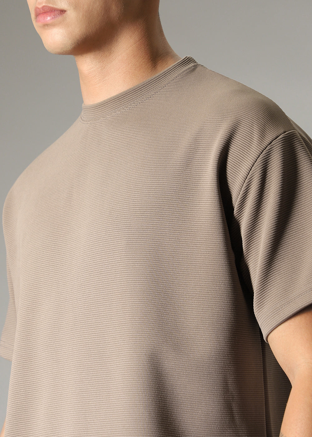 Oversized Tan Brown Plain Textured T-shirt