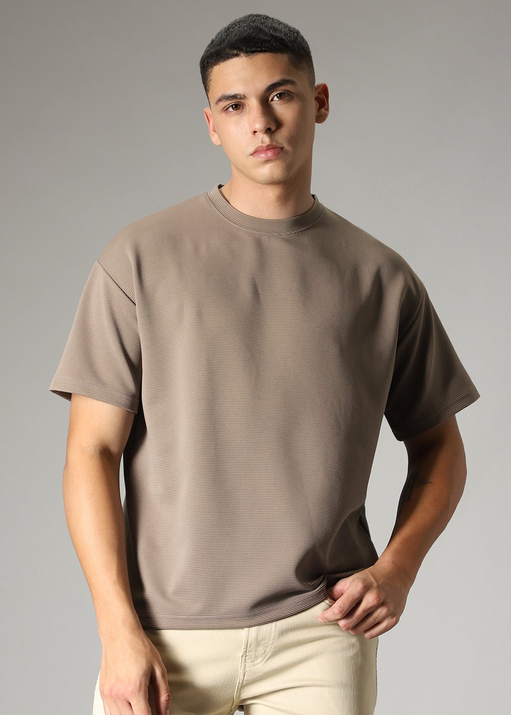 Oversized Tan Brown Plain Textured T-shirt