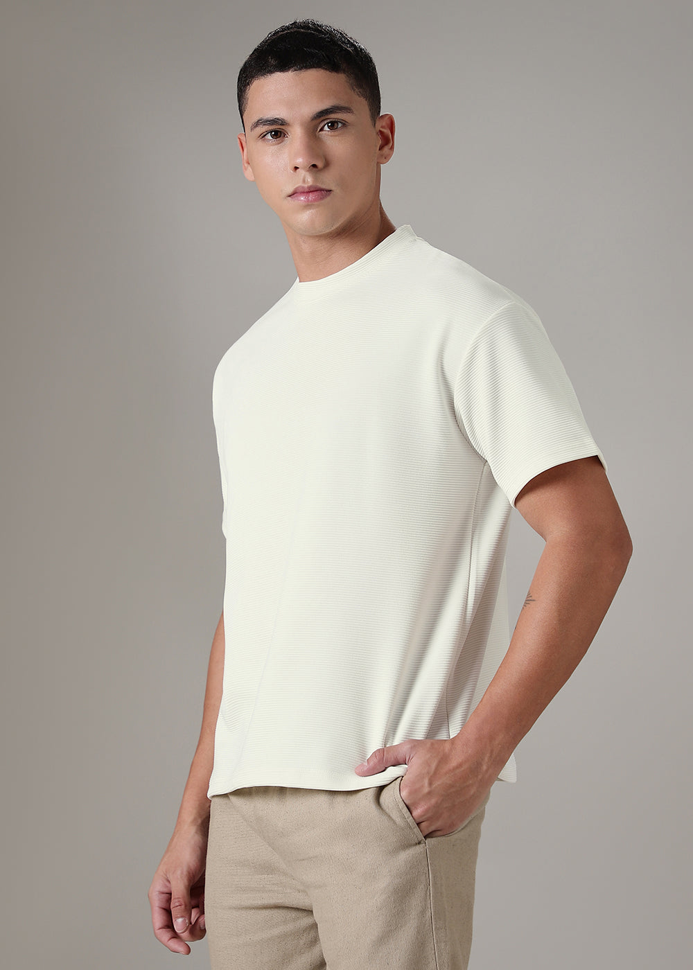 Oversized White Plain Textured T-shirt