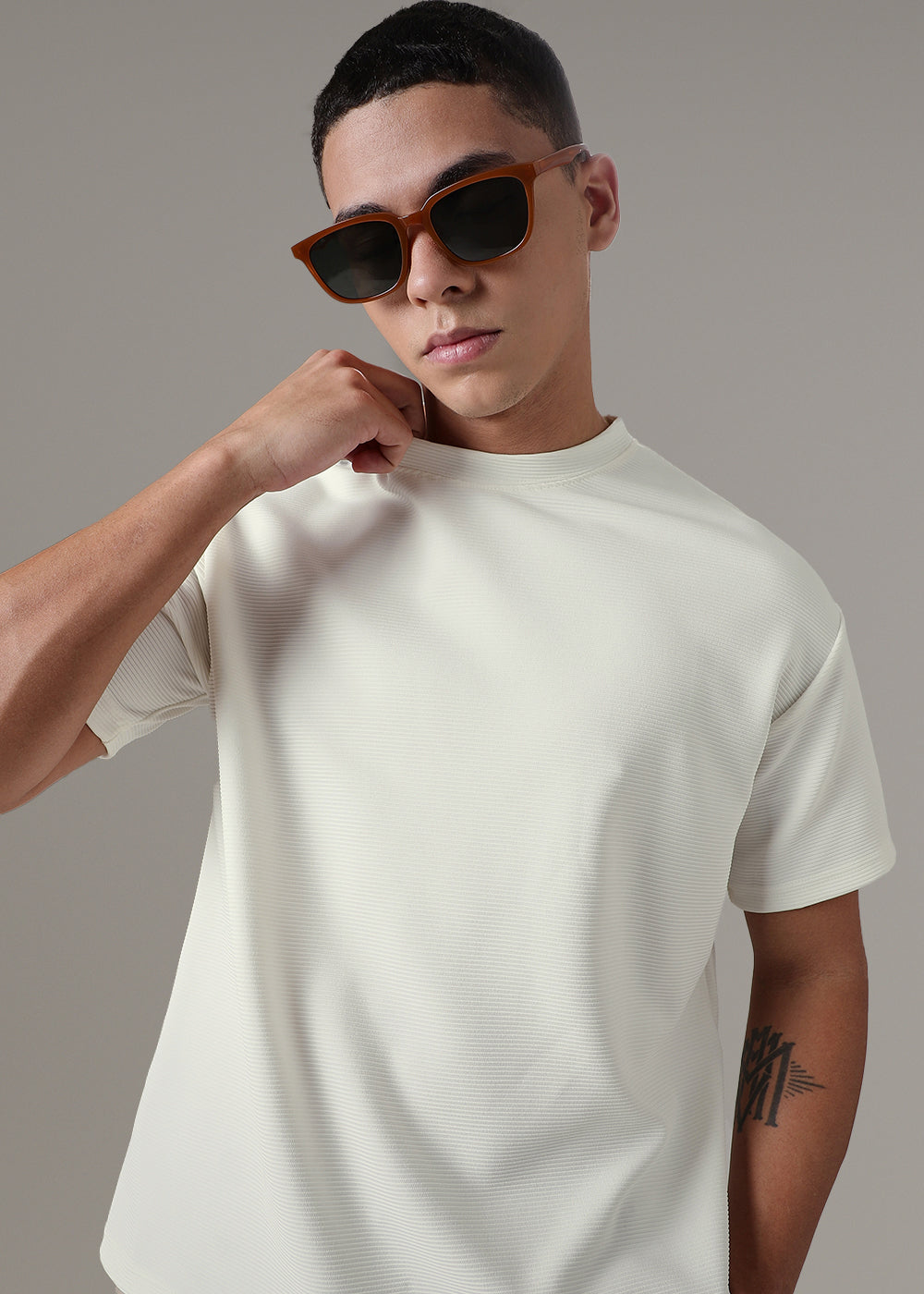 Oversized White Plain Textured T-shirt