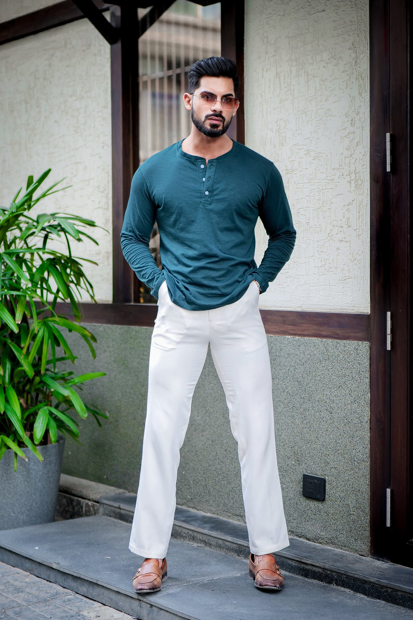 Green Self Design Slub Henley T-Shirt