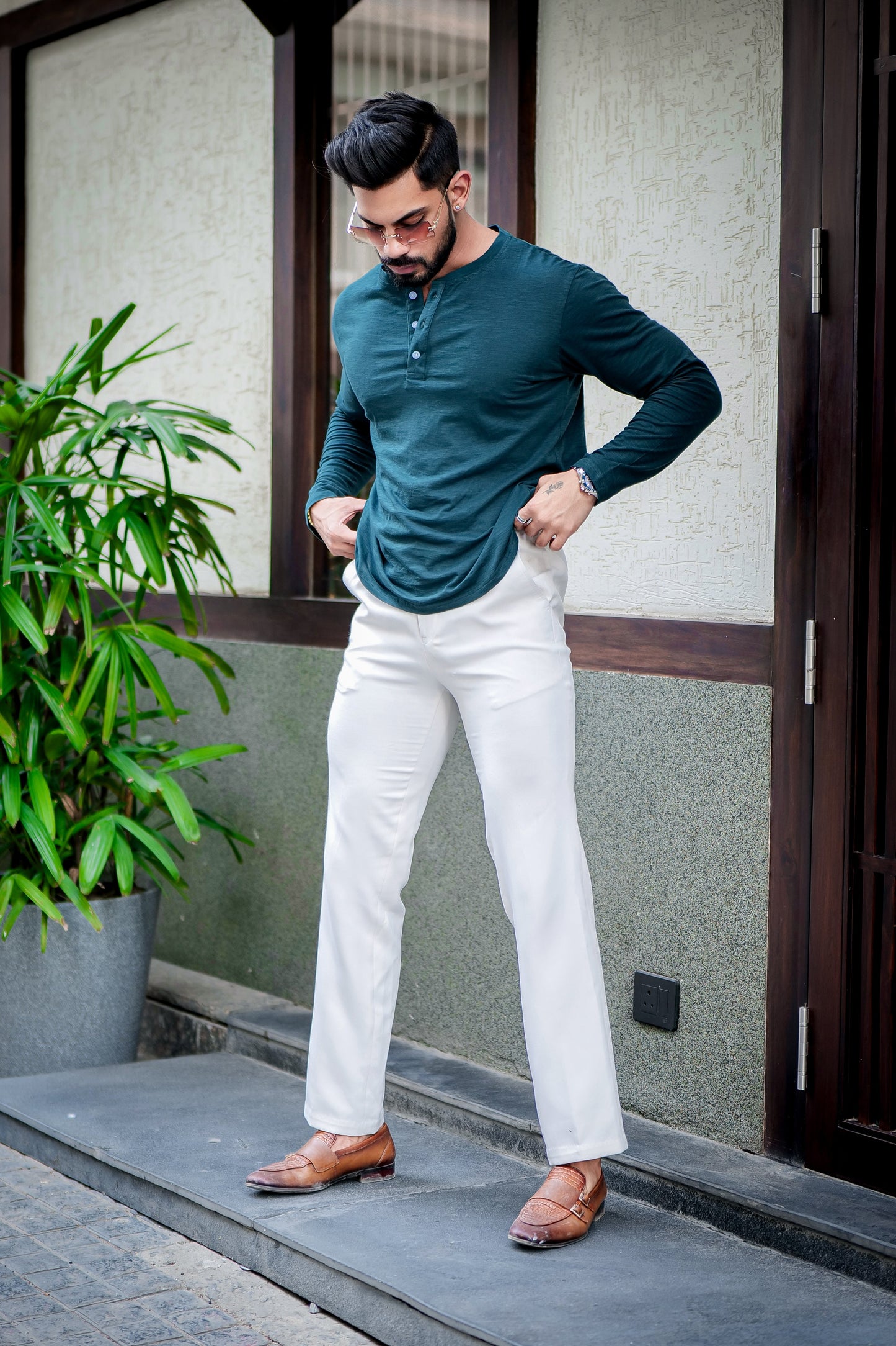 Green Self Design Slub Henley T-Shirt