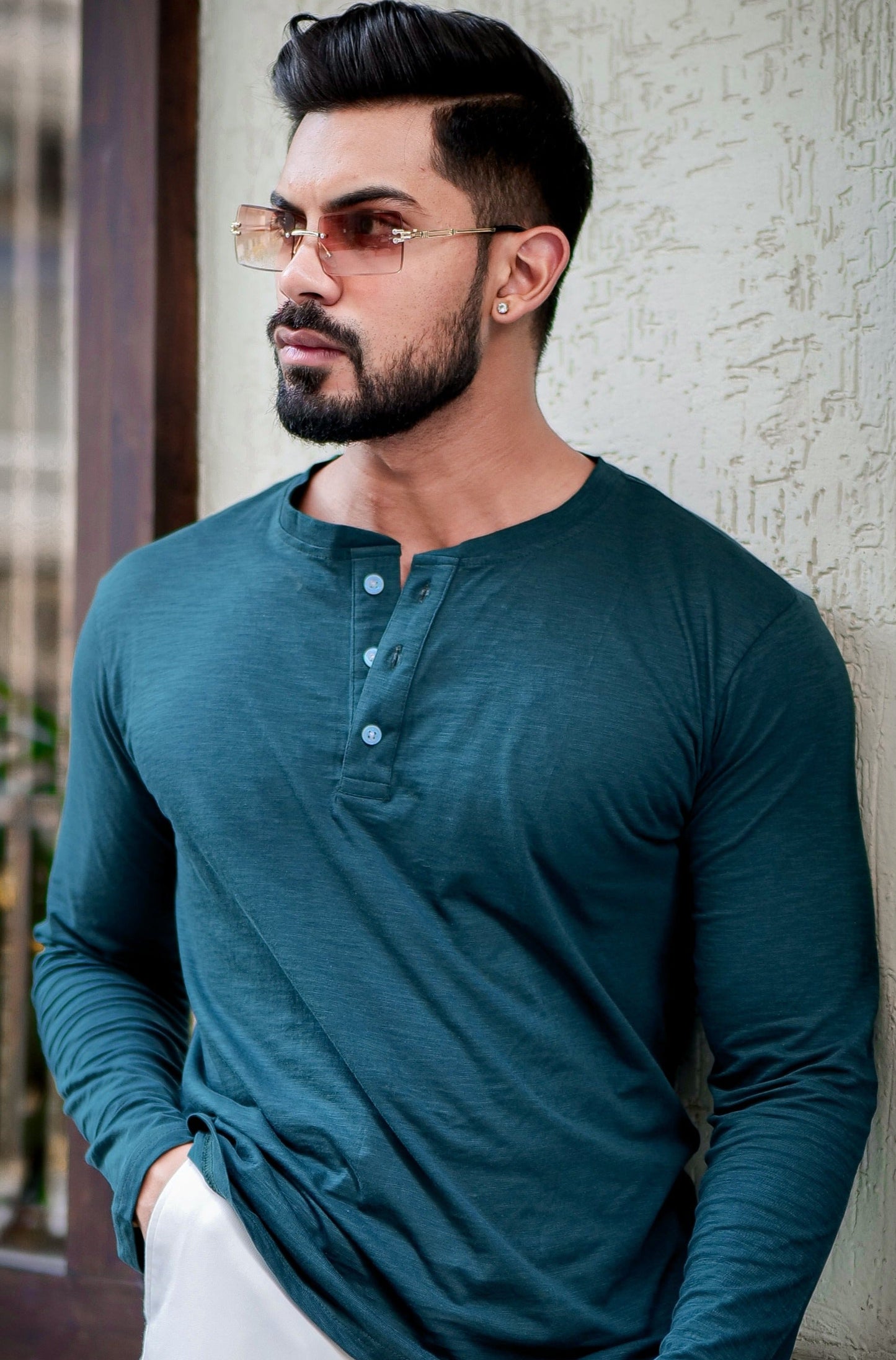 Green Self Design Slub Henley T-Shirt