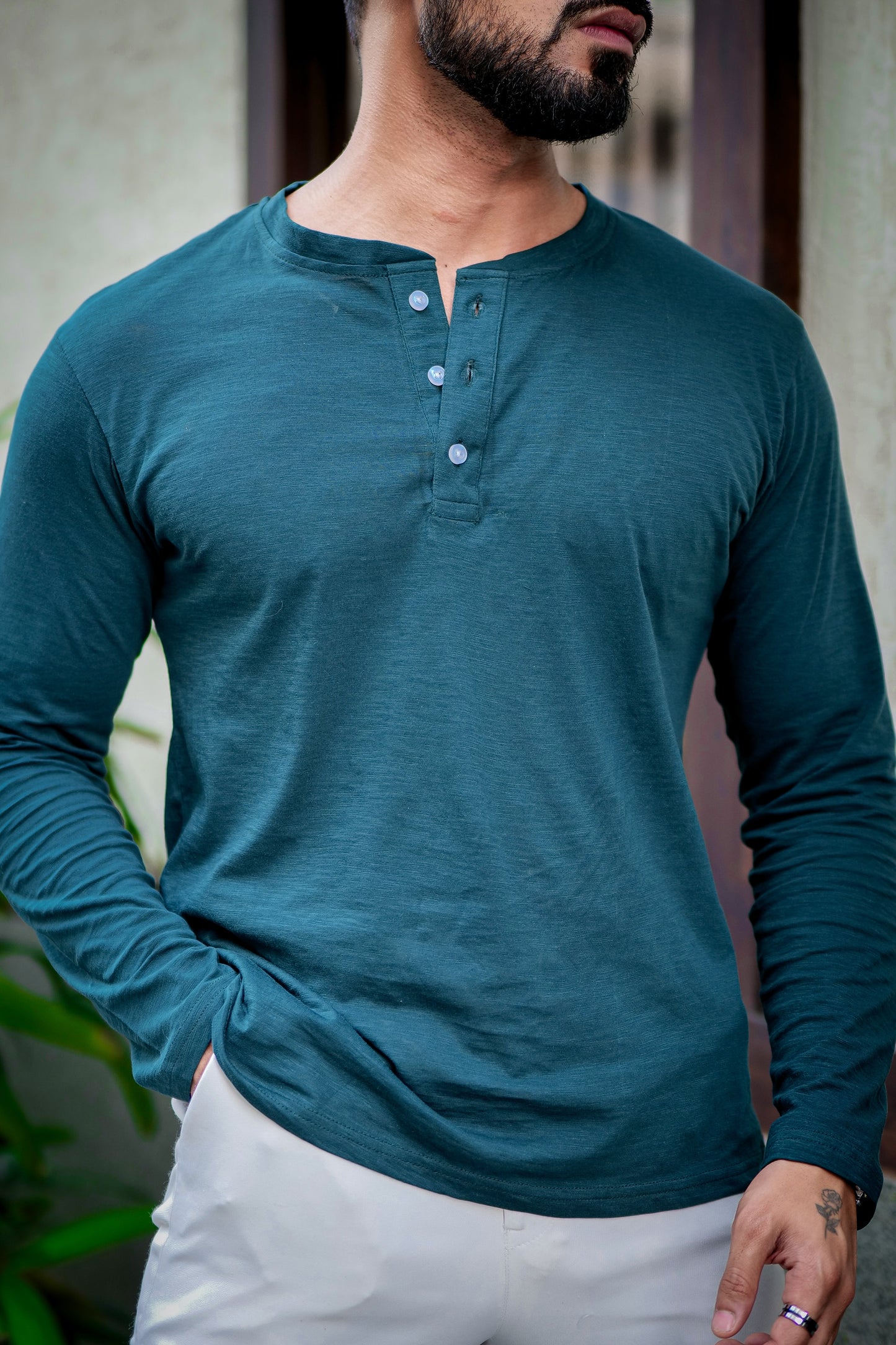 Green Self Design Slub Henley T-Shirt
