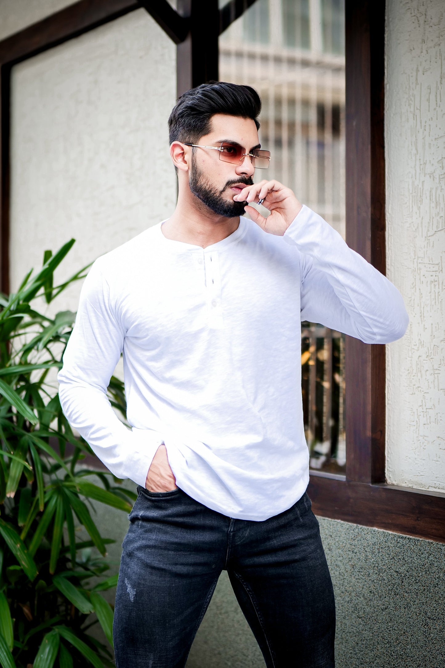 White Self Design Slub Henley T-Shirt