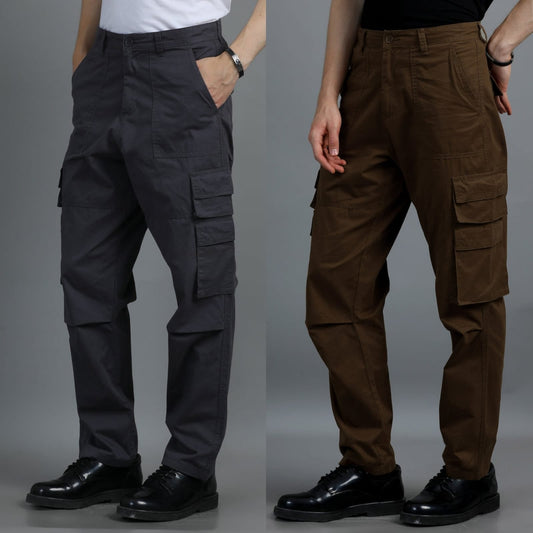 Men 2 Cotton Relaxed Fit Cargo Trousers, Charcoal Grey Brown