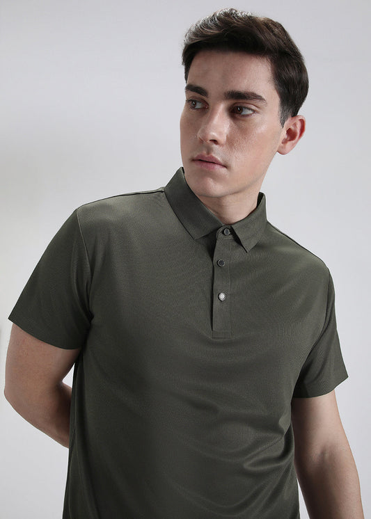 Patterned Olive Green Plain Stitchless Polo T-shirt