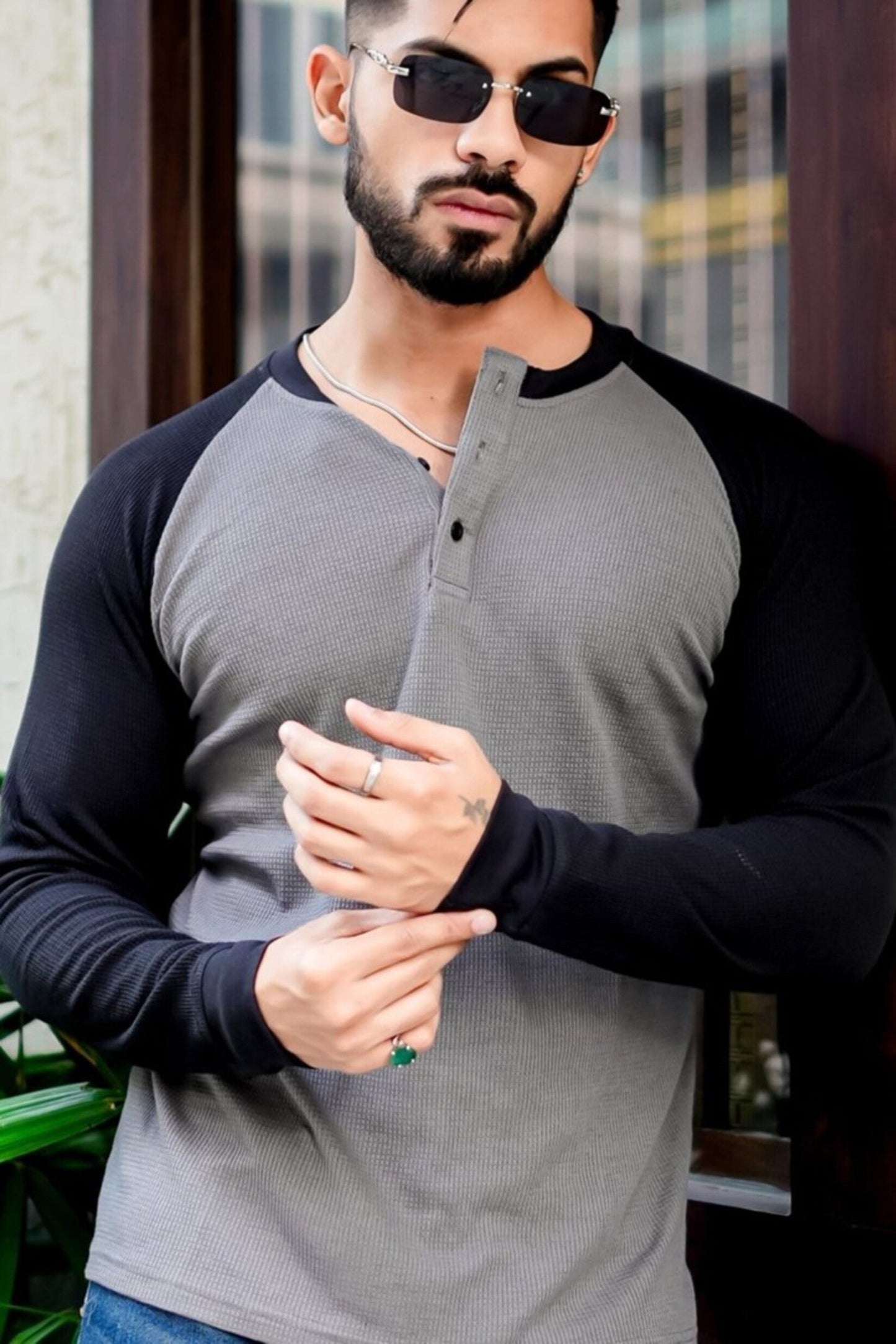 Grey Black Waffle Raglan Full Sleeve T-Shirt