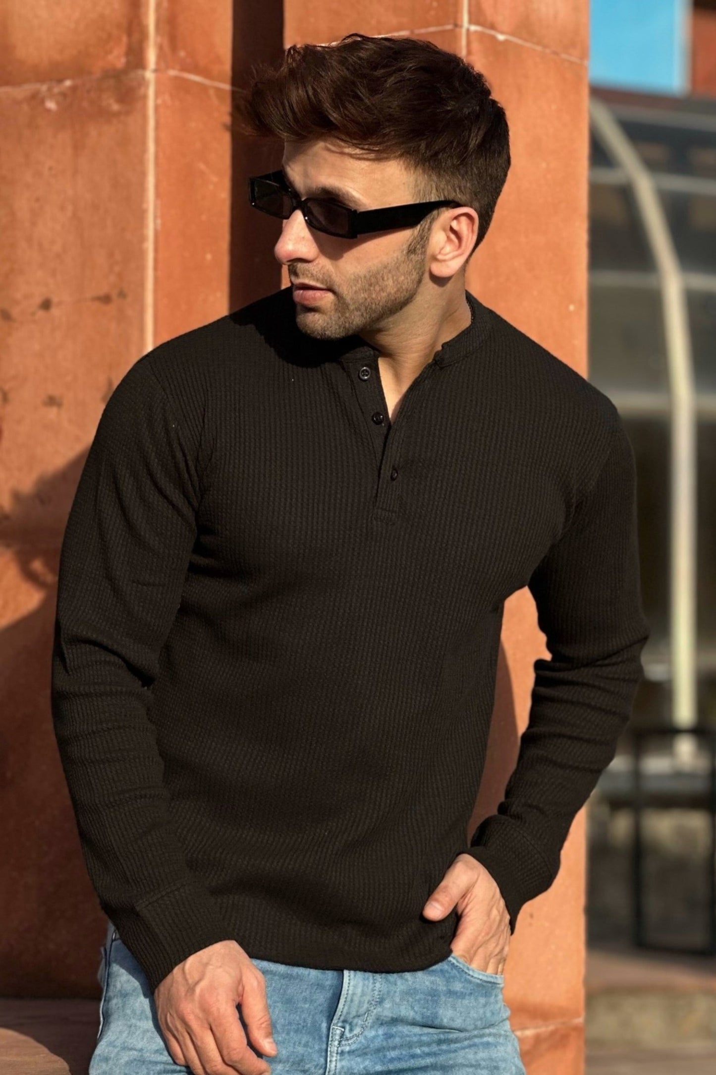 Black Self Waffle Knit Henley T-Shirt