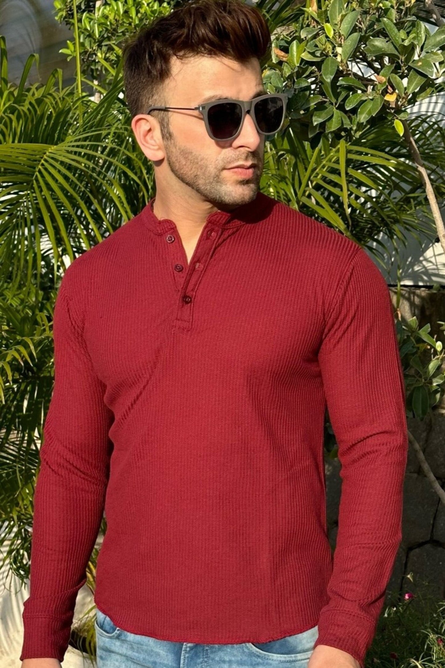 Maroon Self Waffle Knit Henley T-Shirt