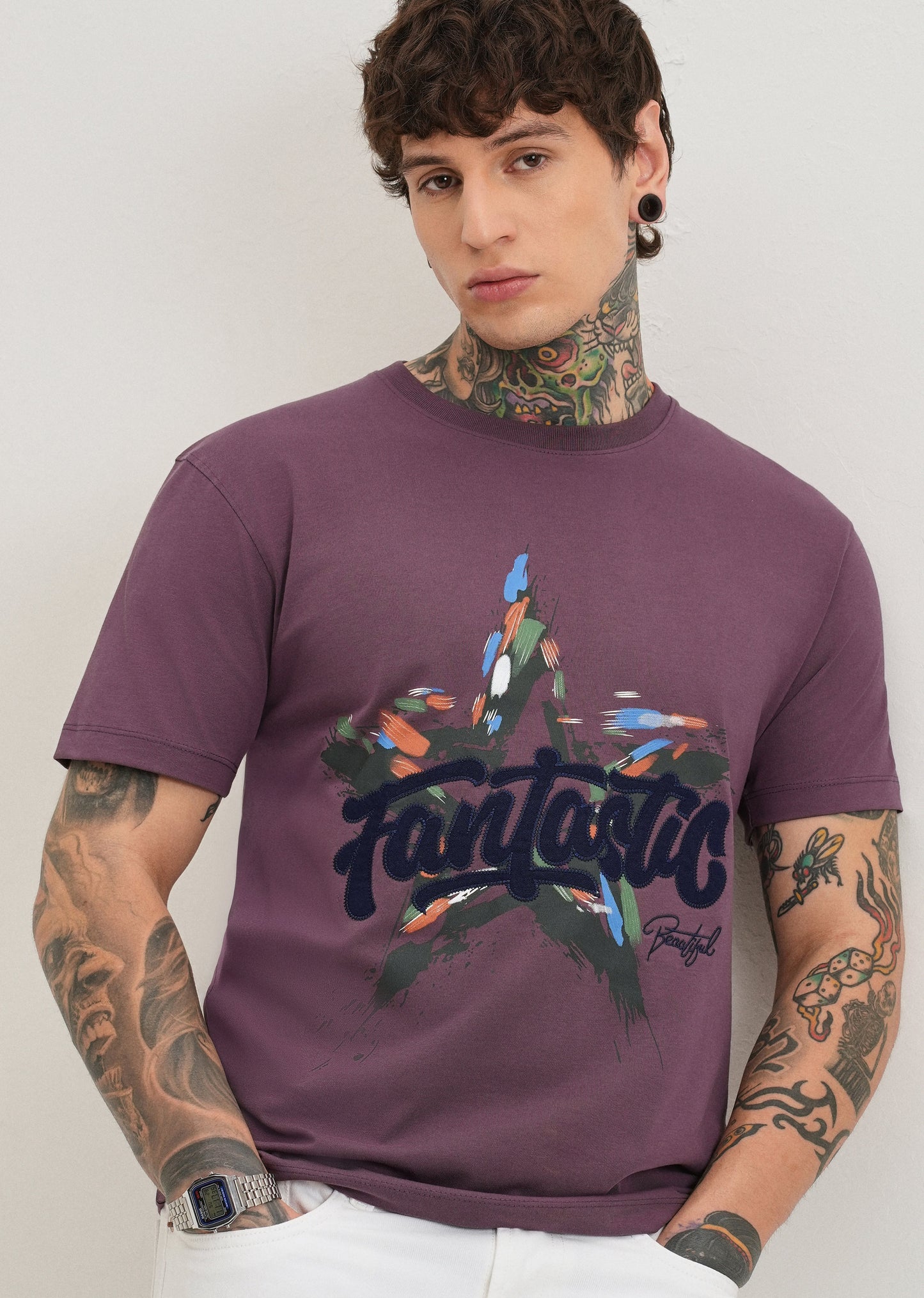 Violet Graphic Print Embroidery T-shirt