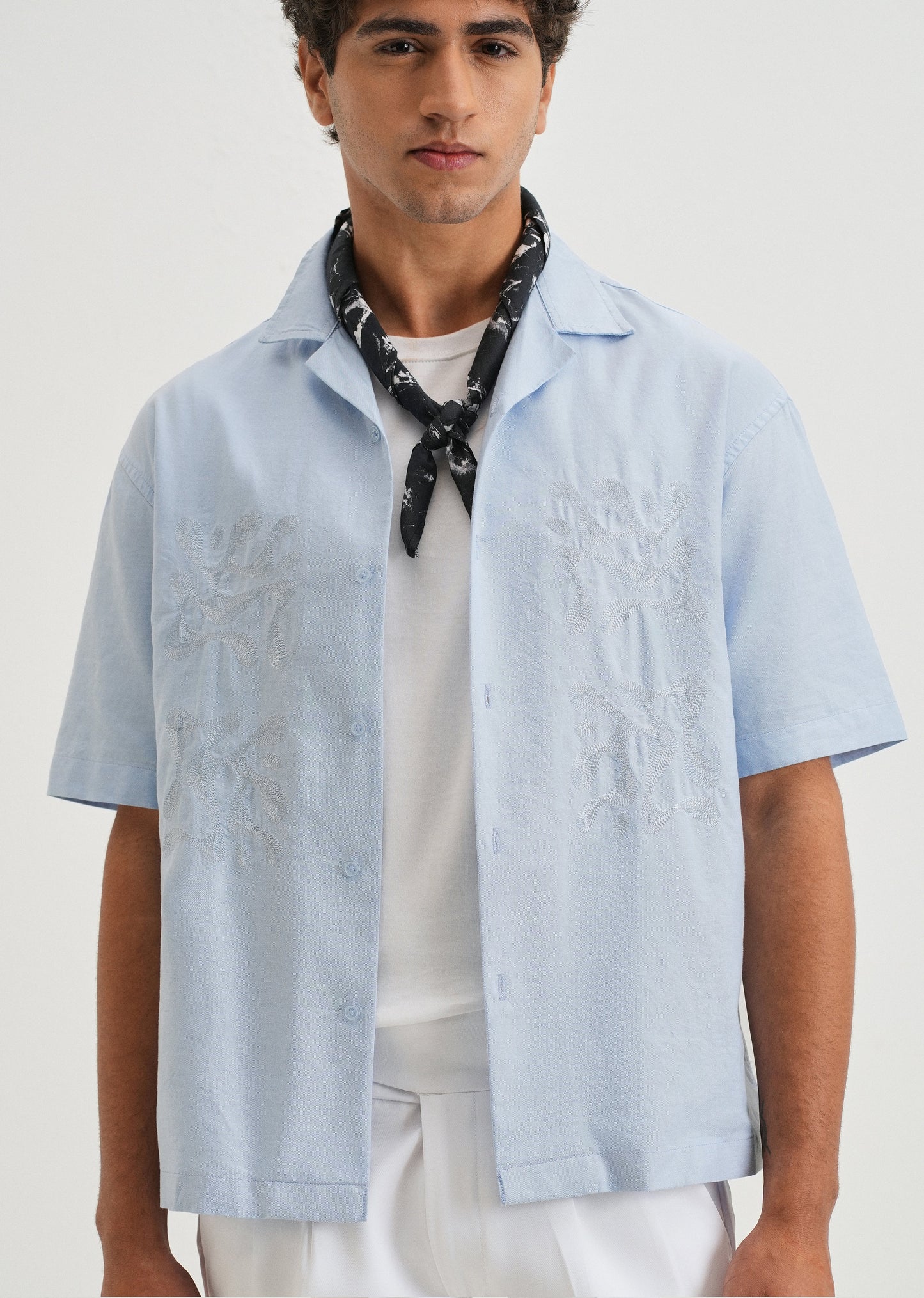 Sky Blue Embroidery Cuban Collar Cotton Shirt