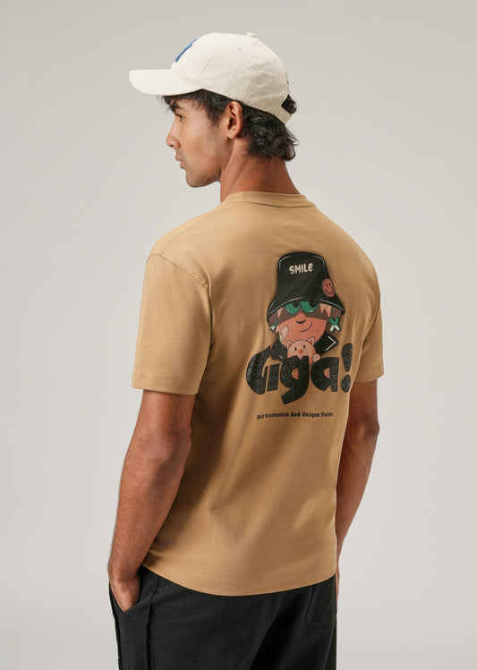 Tan Back Print Slim Fit T-Shirt