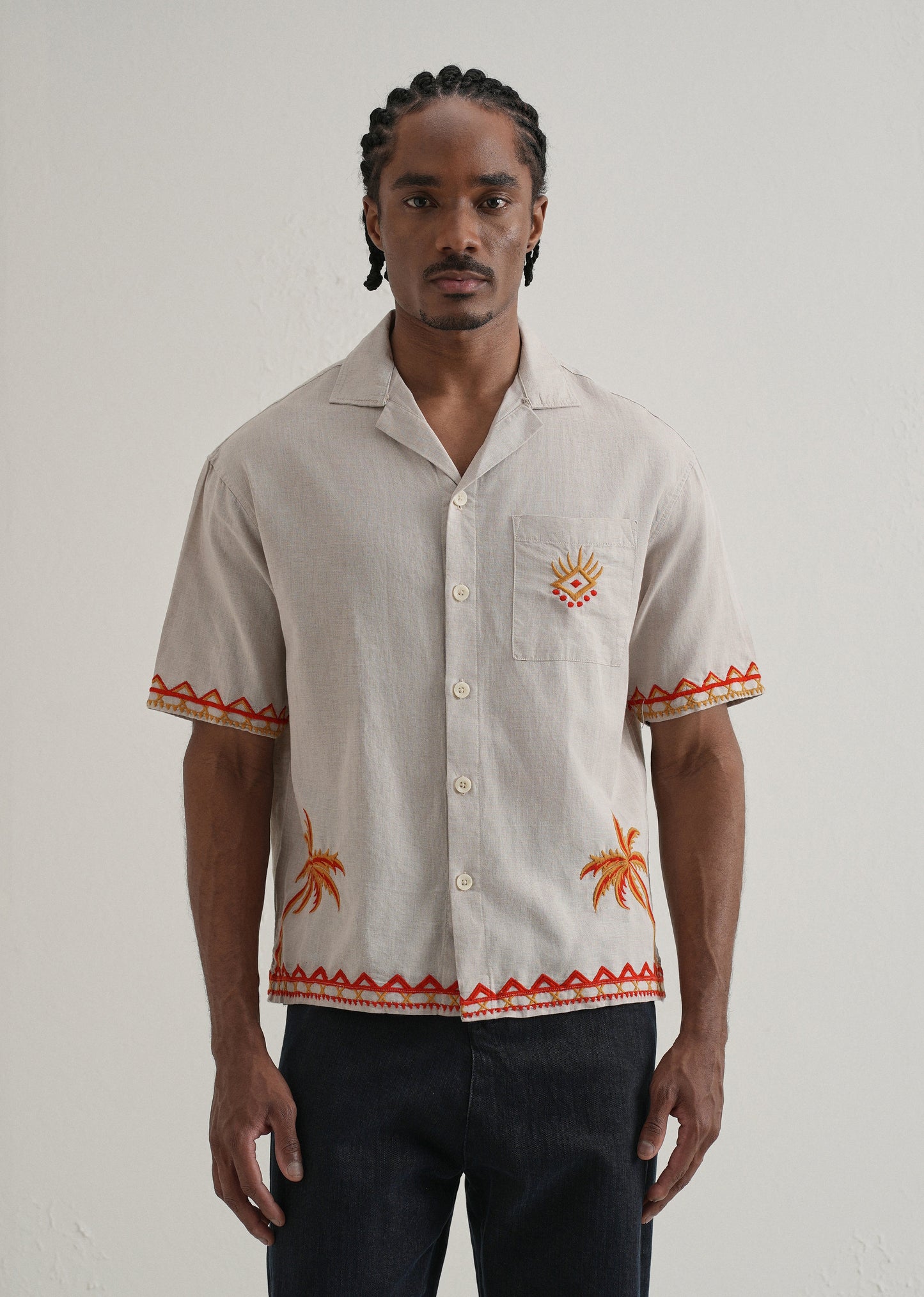 Tan Embroidery Cuban Collar Shirt