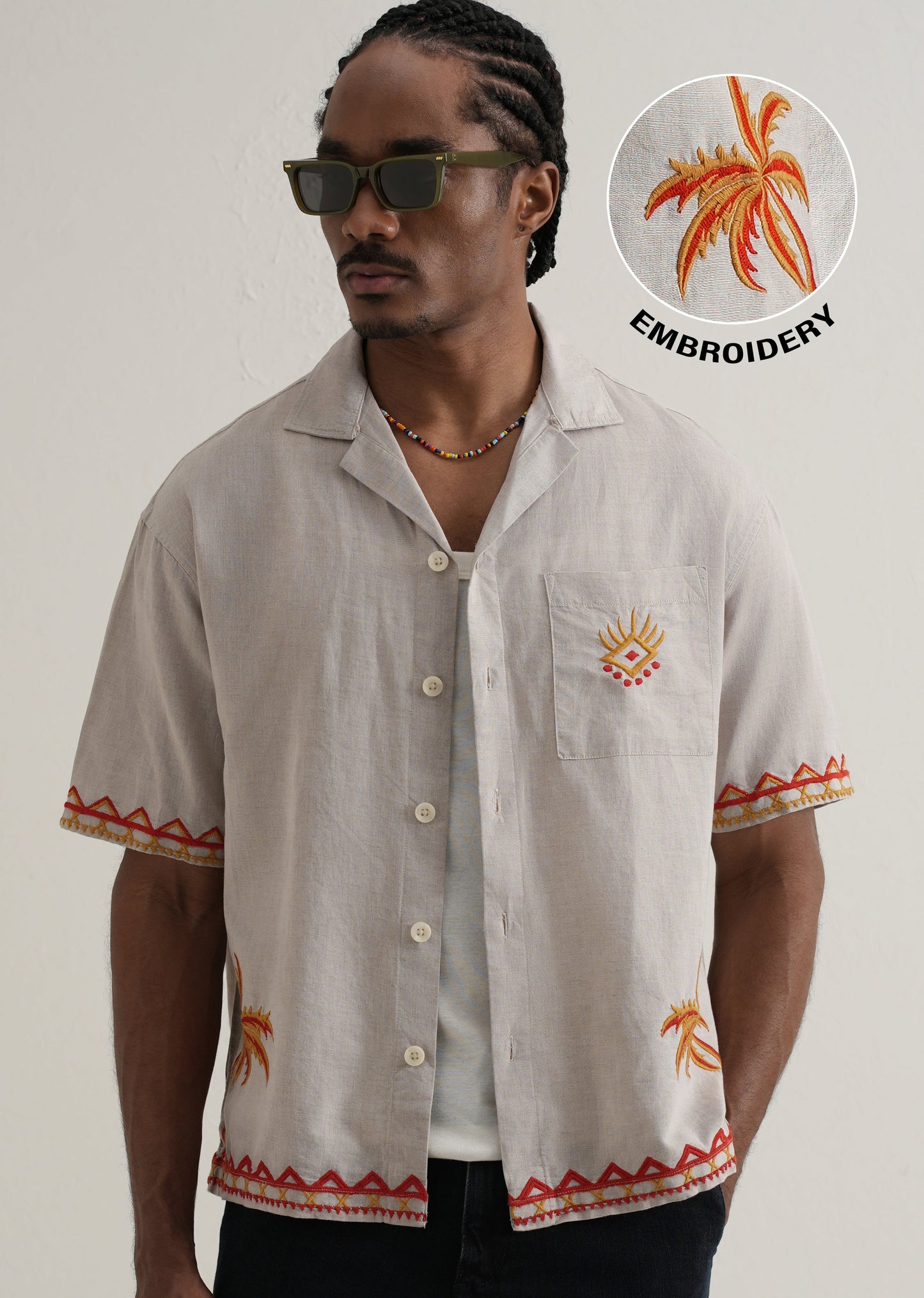 Tan Embroidery Cuban Collar Shirt