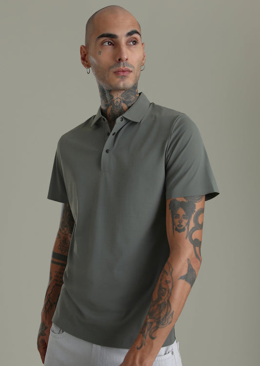 Textured Grey Plain Stitchless Polo T-shirt