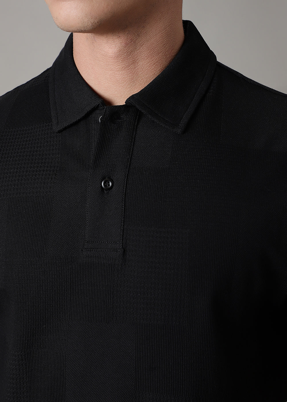 Textured Weave Black Plain Polo T-shirt